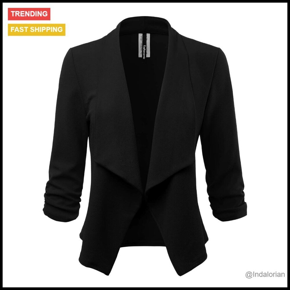 Stretch 3/4 Sleeve Open Blazer Jacket Elegant Chic Minimal Loose Fit